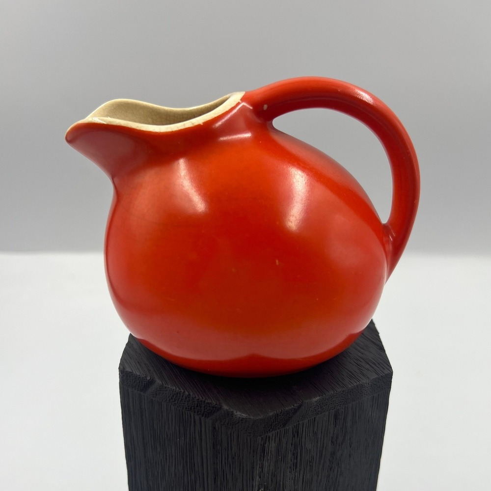 Vtg Tilt Ball Pitcher USA Pottery Orange Ceramic Ice Lip Farmhouse Art Deco 40s